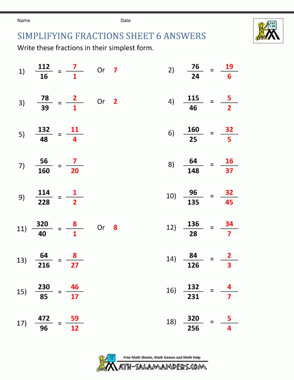 Simplifying Fractions Worksheet 4Th Grade