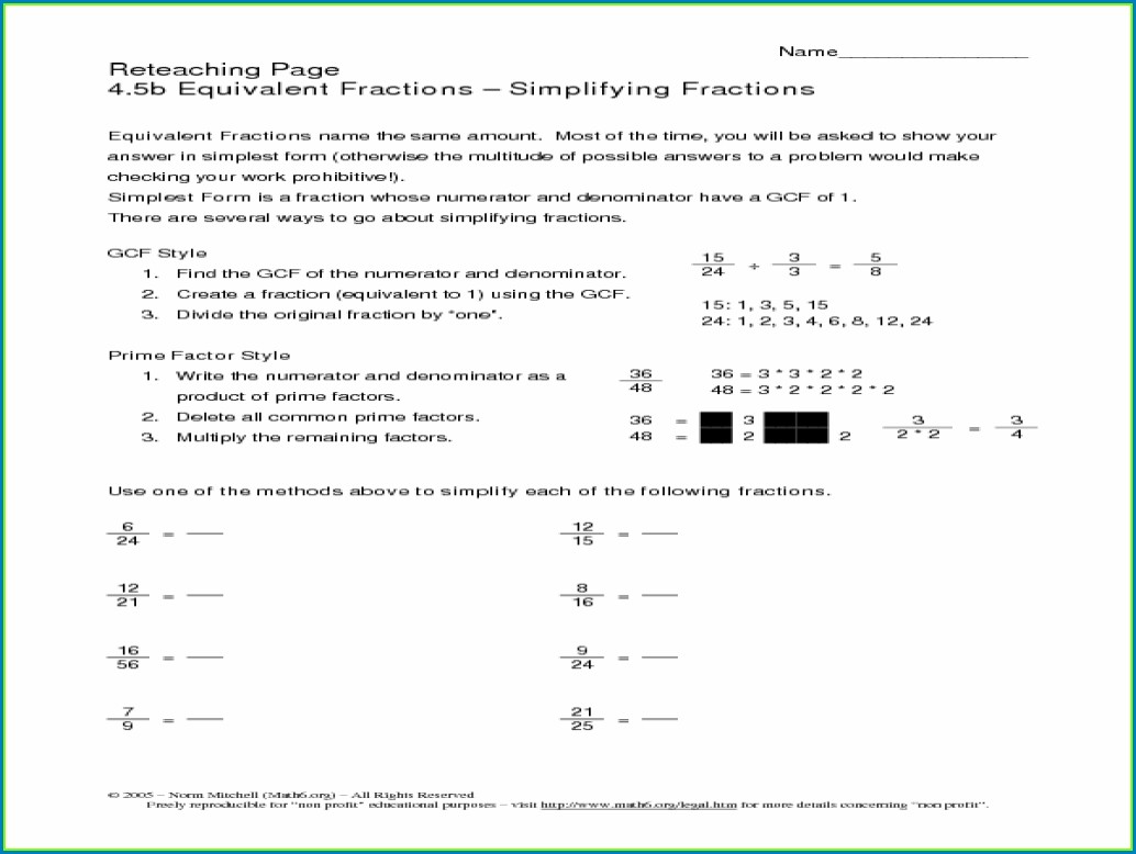 Simplifying Fractions 5Th Grade Worksheets