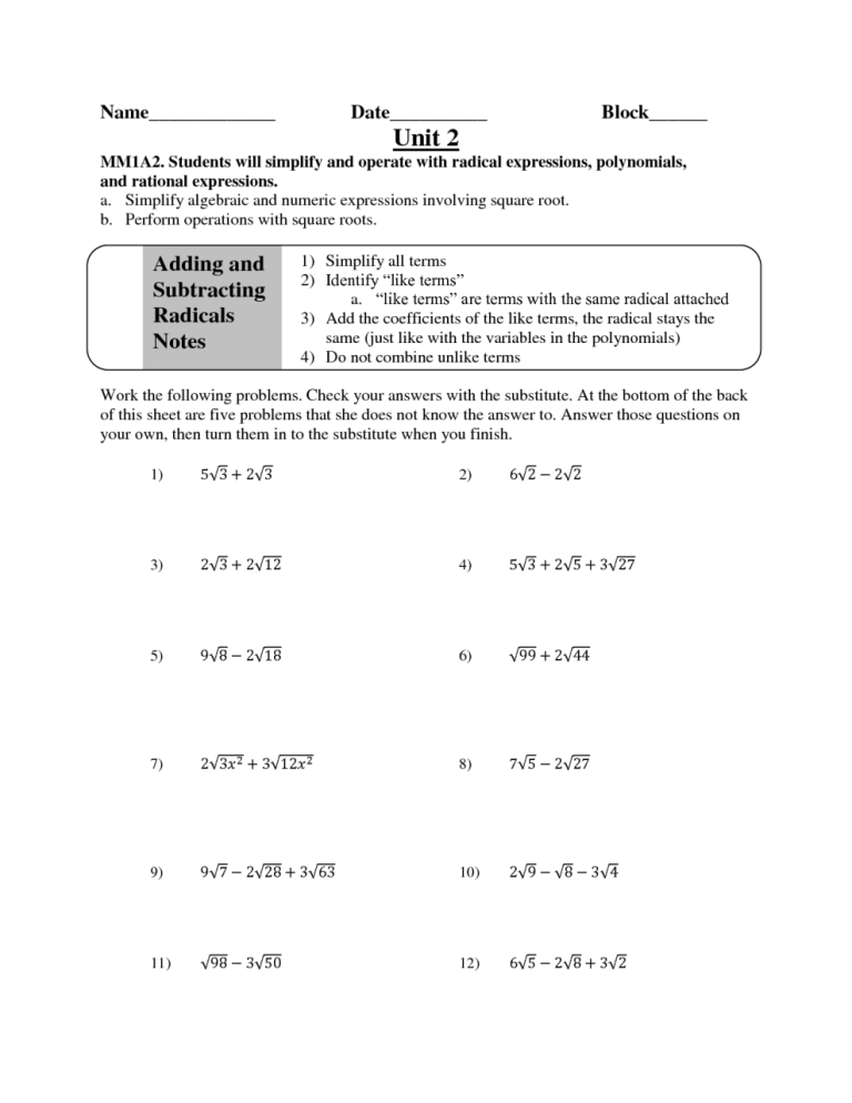 Adding And Subtracting Polynomials Worksheet Algebra 2