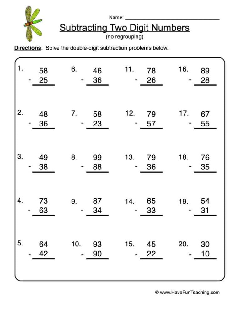 Double Digit Subtraction Without Regrouping Worksheets Free