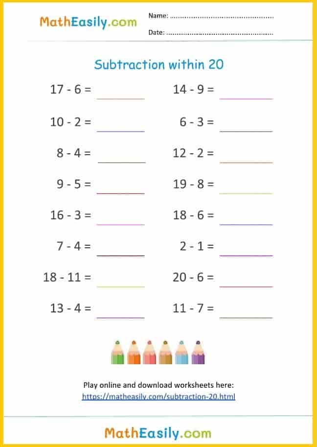 Subtraction Up To 20 Worksheets
