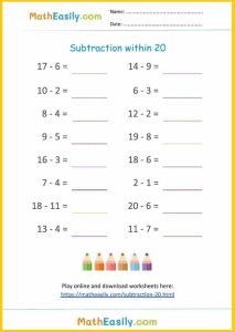 Subtraction within 20 worksheets and games