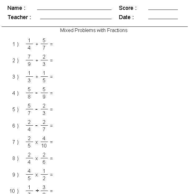 Adding Subtracting Multiplying And Dividing Fractions Worksheet