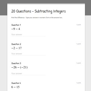 My Math Resources FREE Beginners Subtracting Integers Worksheets
