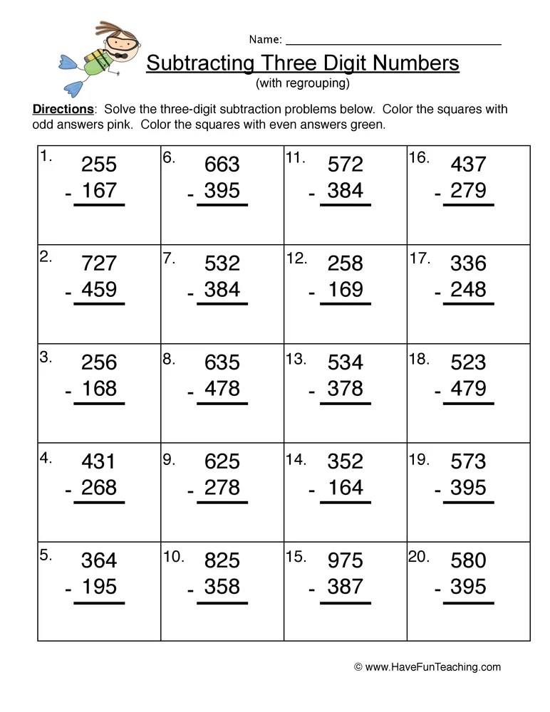 Triple Digit Number Subtraction Regrouping Worksheet • Have Fun Teaching