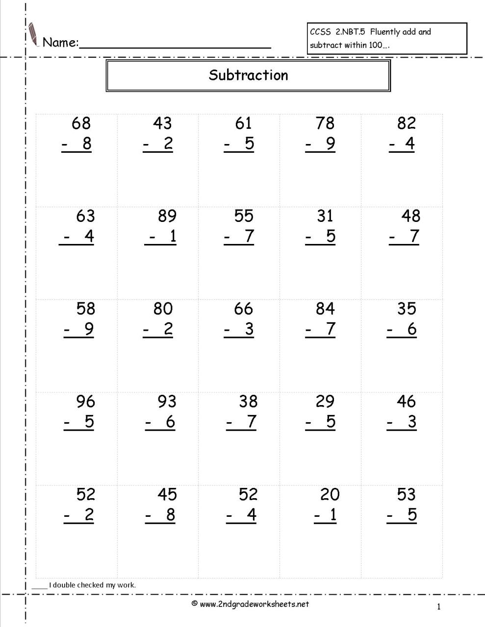 Subtraction Worksheets With No Regrouping