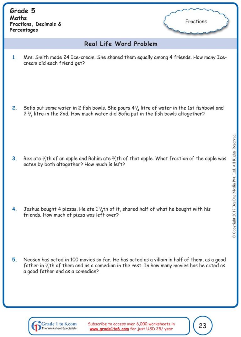 Multiplying Fractions Word Problems Worksheets 5Th Grade Common Core