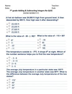 Adding And Subtracting Integers Word Problems Worksheet —