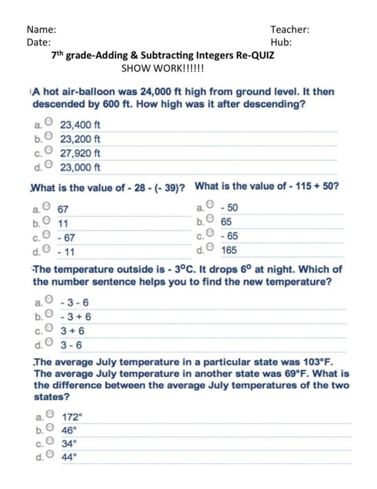 Subtracting And Adding Integers Worksheet And Answers