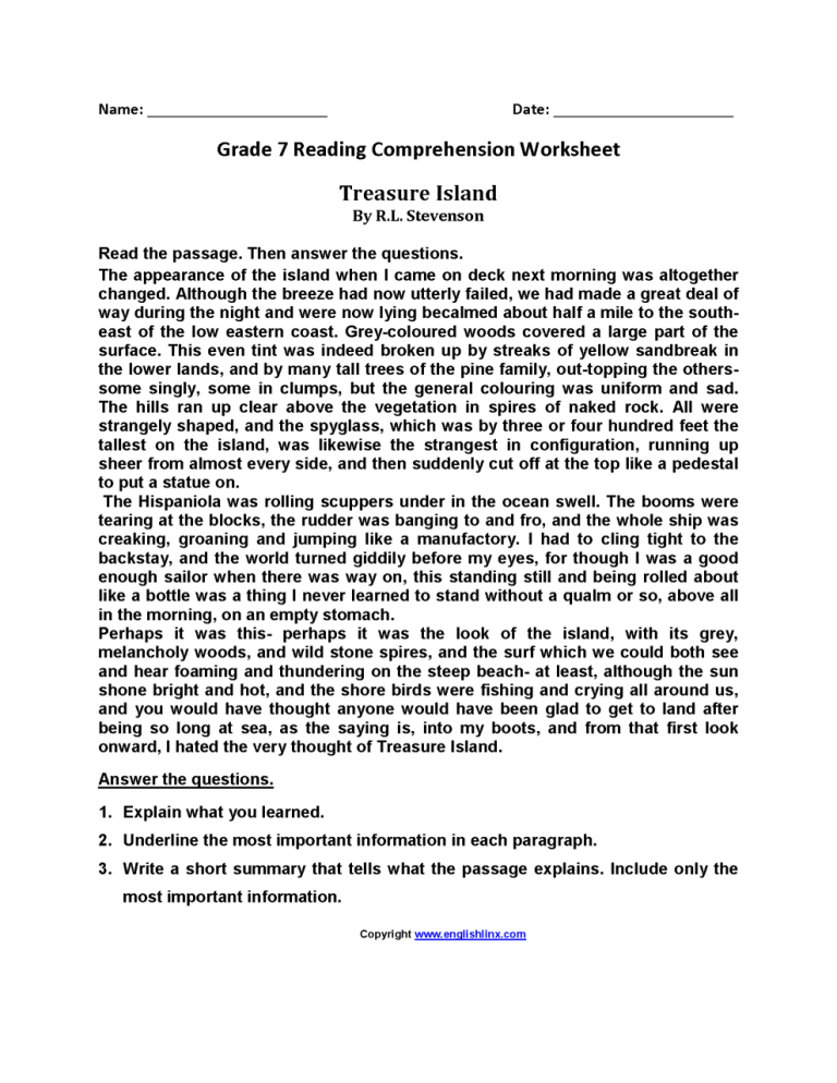 Reading Comprehension Year 7 English Worksheets With Answers