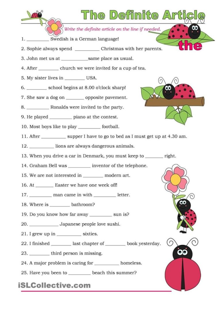 Grade 5 English Grammar Worksheets On Articles
