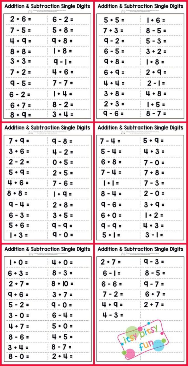 Kindergarten Single Digit Addition And Subtraction Worksheets