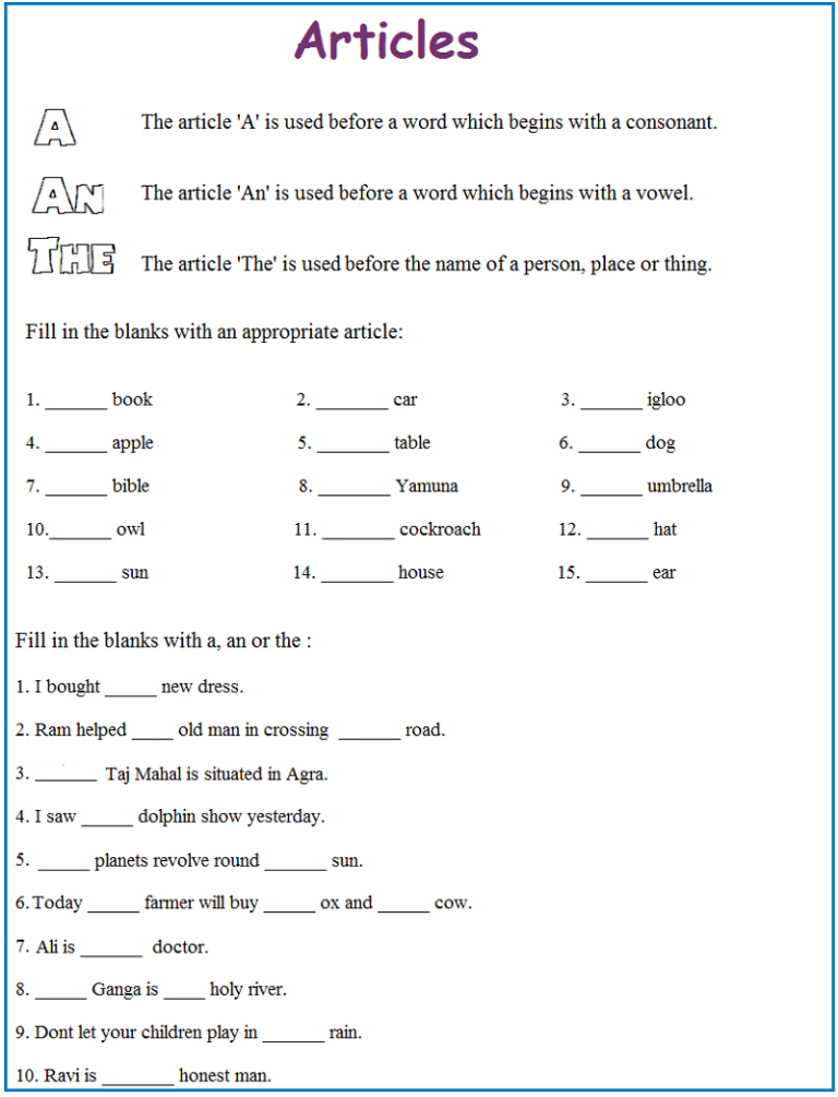 Worksheet For Class 2 English Grammar Articles