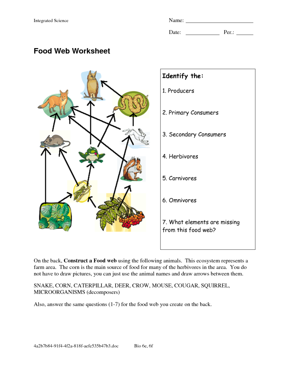 Pdf Food Web Worksheet Answer Key