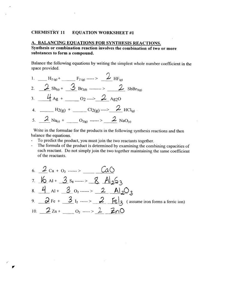 Balancing Chemical Equations Questions For Class 10 With Solutions