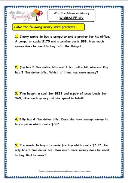 Money Third Grade 3rd Grade Math Worksheets