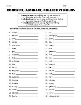Concrete And Abstract Nouns Worksheet 6th Grade Pdf