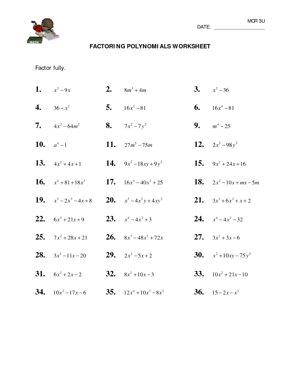 Factoring Practice Worksheet Algebra 1