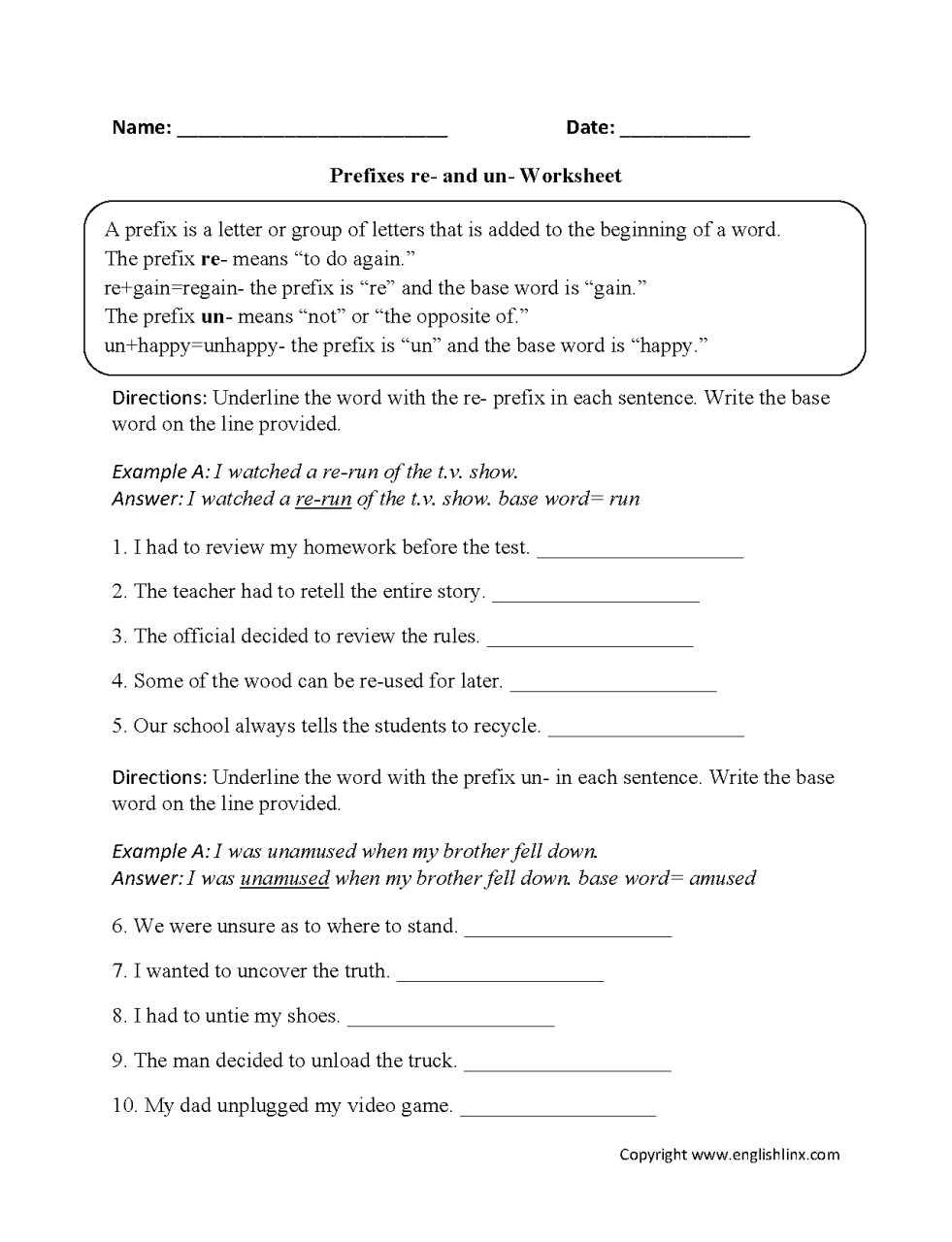 Prefixes Worksheets For Grade 4 With Answers