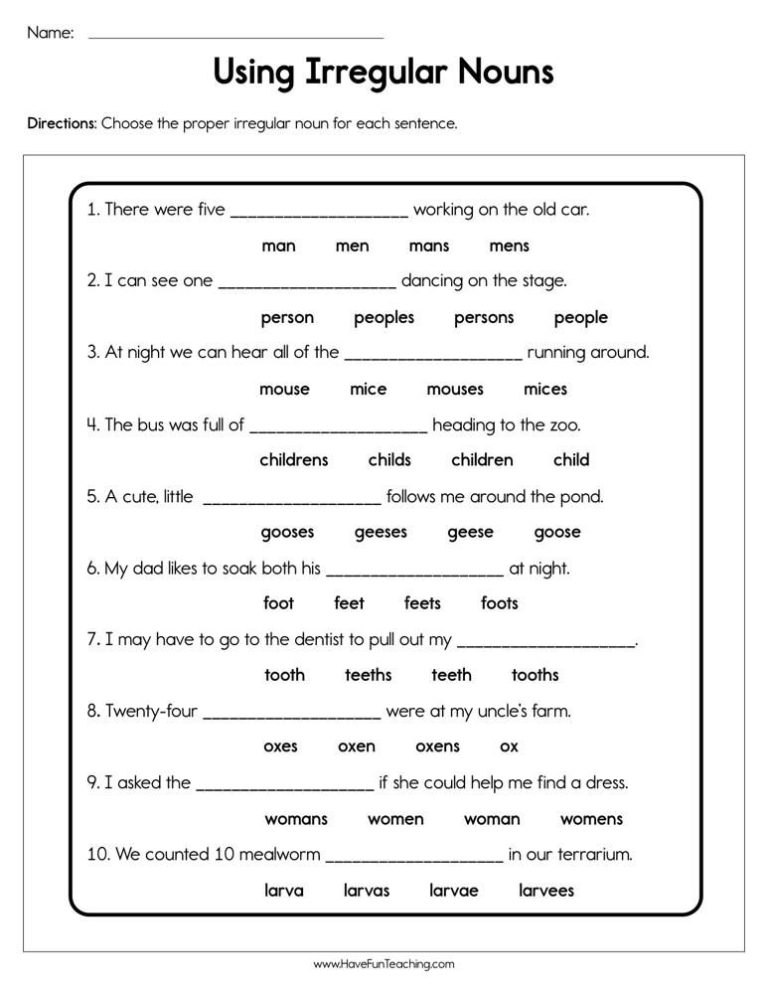 Grade 3 Plural Form Of Irregular Nouns Worksheet