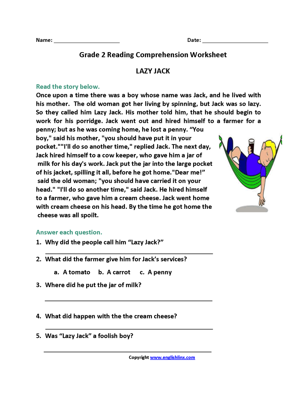 Reading Comprehension Worksheets For Grade 2 Pdf