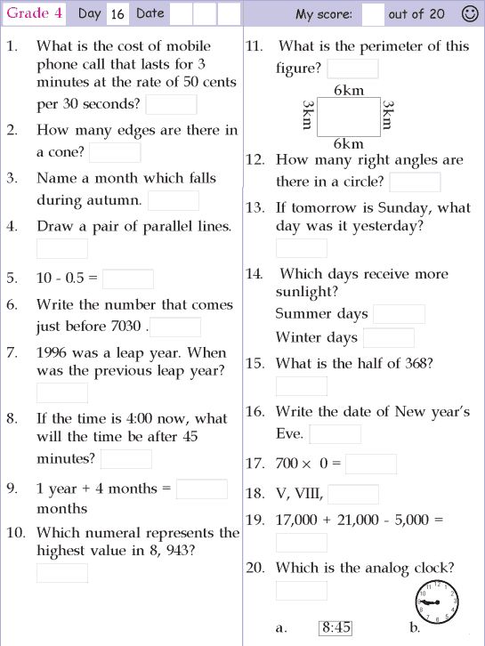 4th Maths Worksheet For Class 4