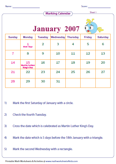 Reading Calendar Worksheets For Grade 1