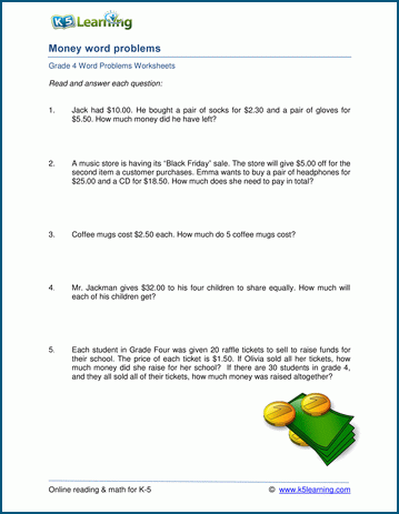 K5 Learning Grade 3 Math Word Problems Worksheet