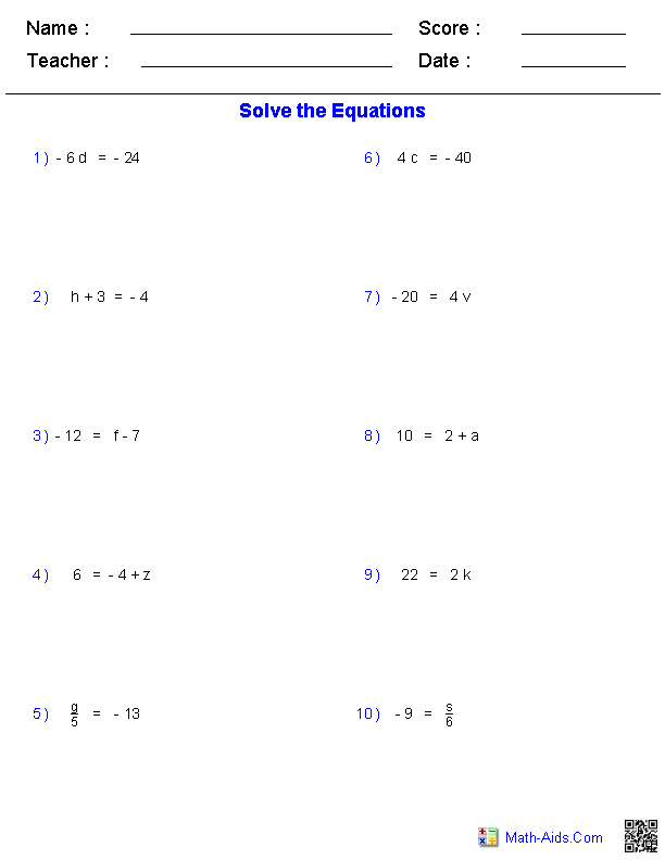 Algebra 1 Solving One Step Equations Worksheets