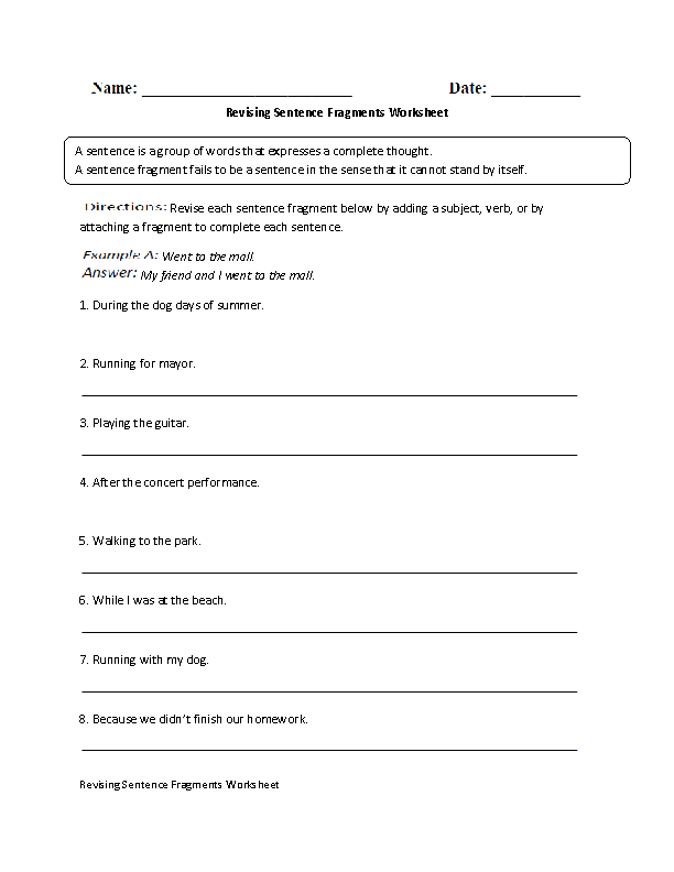 Sentence Fragment Worksheets With Answer Key Pdf