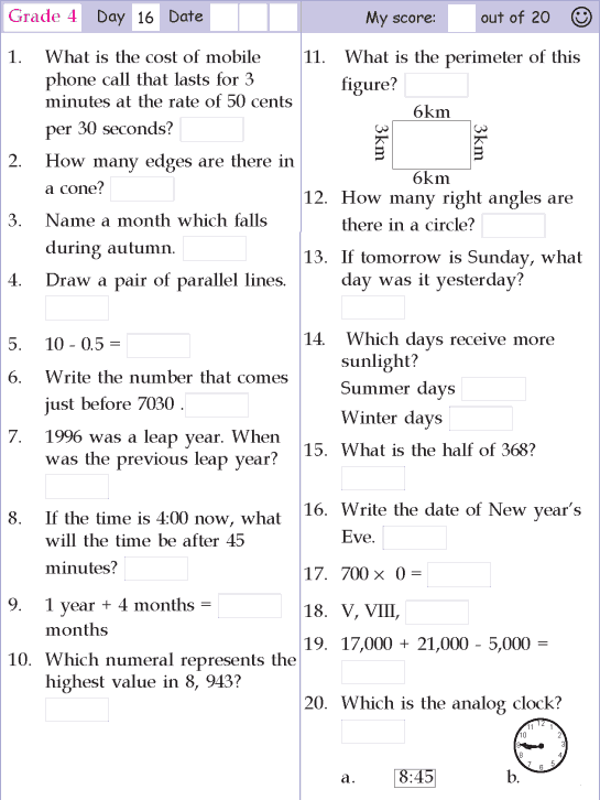 Maths Worksheet For Class 4 Cbse With Answers