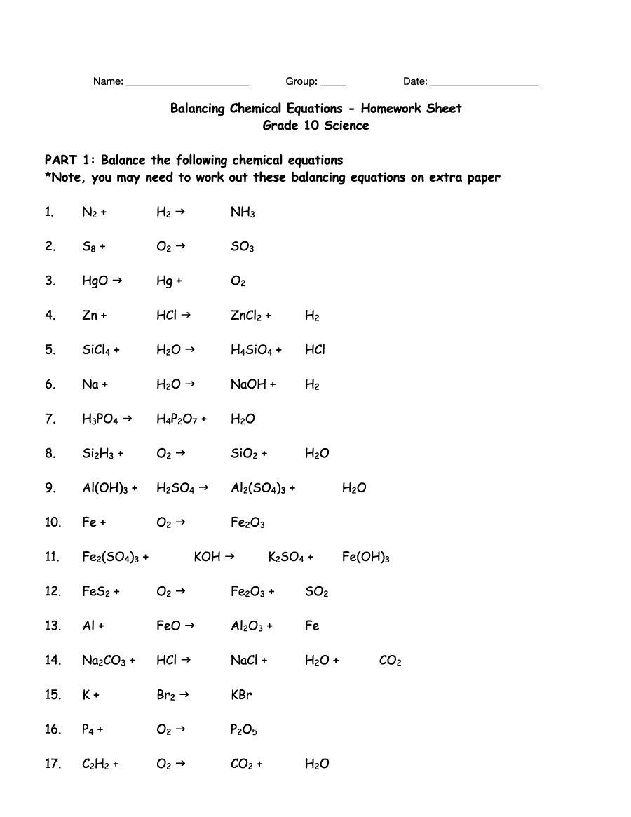Practice Balancing Chemical Equations Worksheet Answers