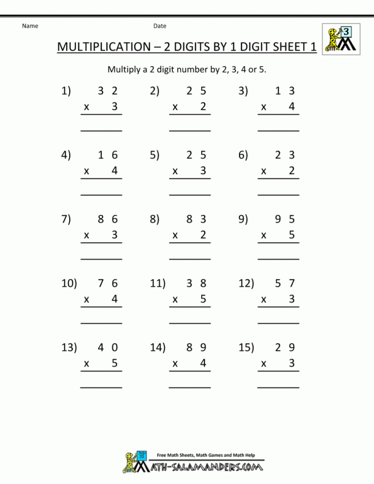 Printable Multiplication Worksheets For Grade 3 2 Digits