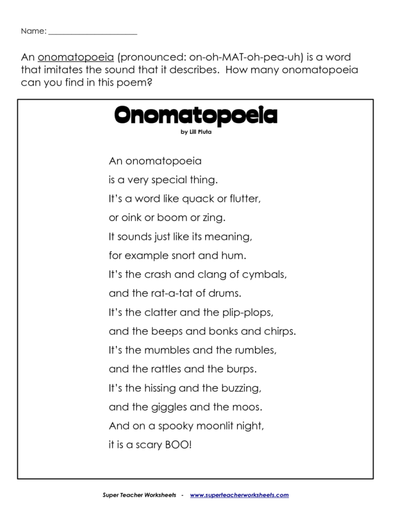 Onomatopoeia Worksheets For Grade 5 With Answers