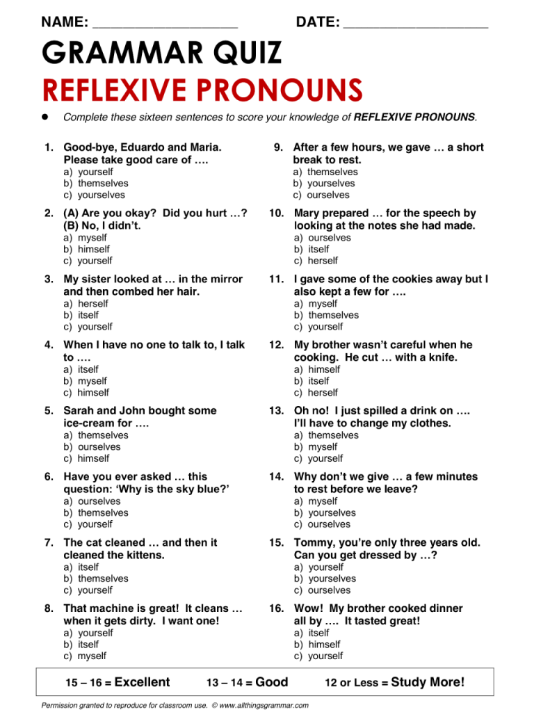 Reflexive Pronouns Answer Key