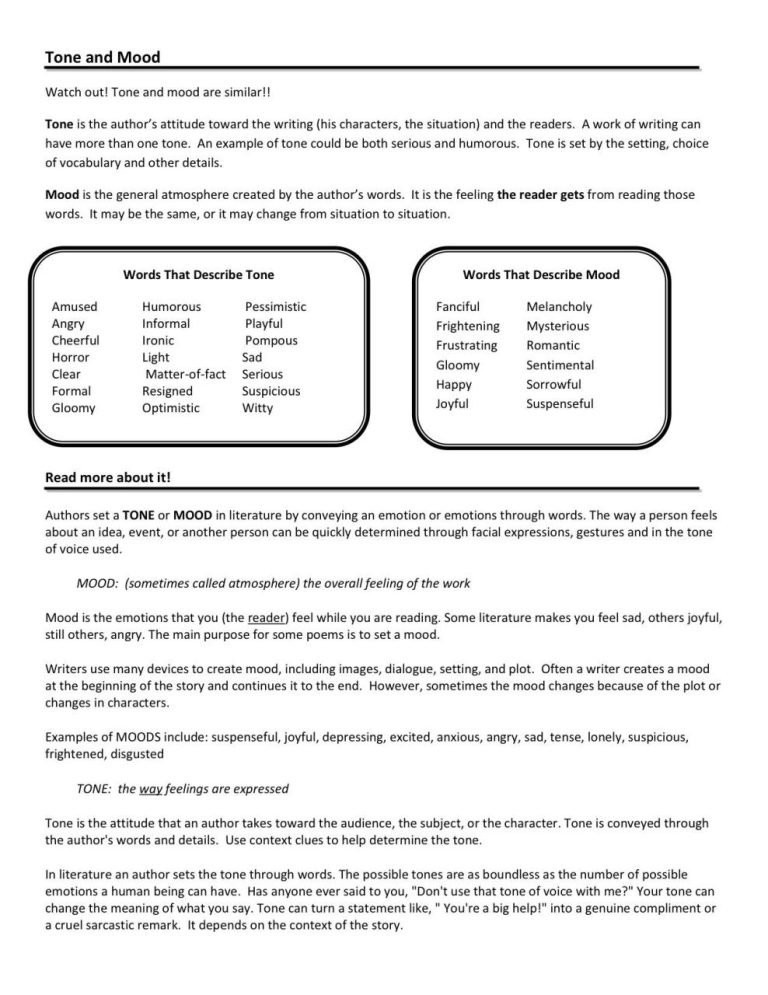 Key Identifying Tone And Mood Worksheet Answers