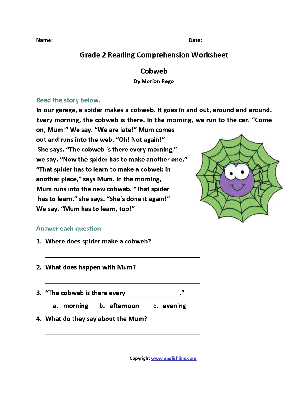 Reading Comprehension Second Grade 2nd Grade Worksheets
