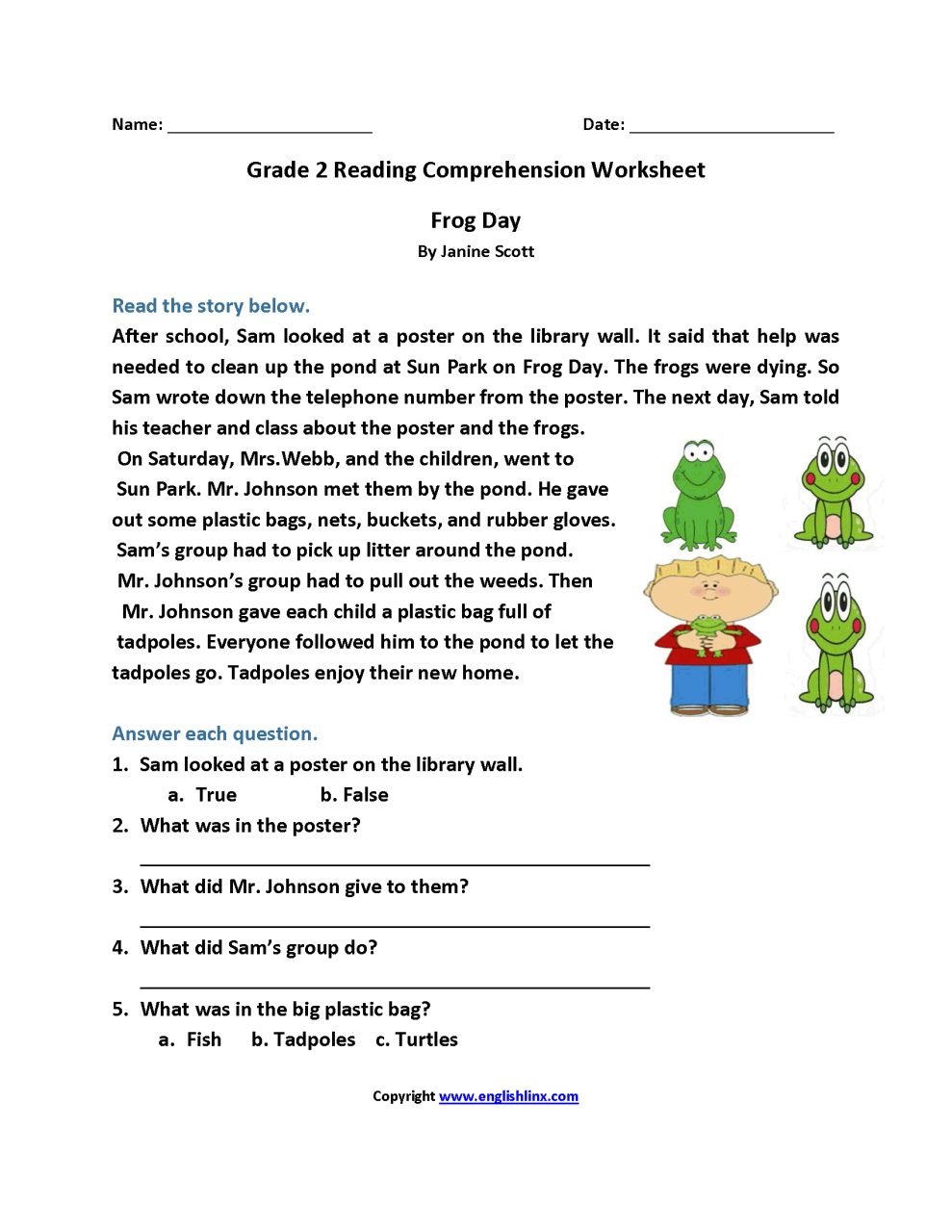 Second Grade Free Comprehension Worksheets For Grade 2