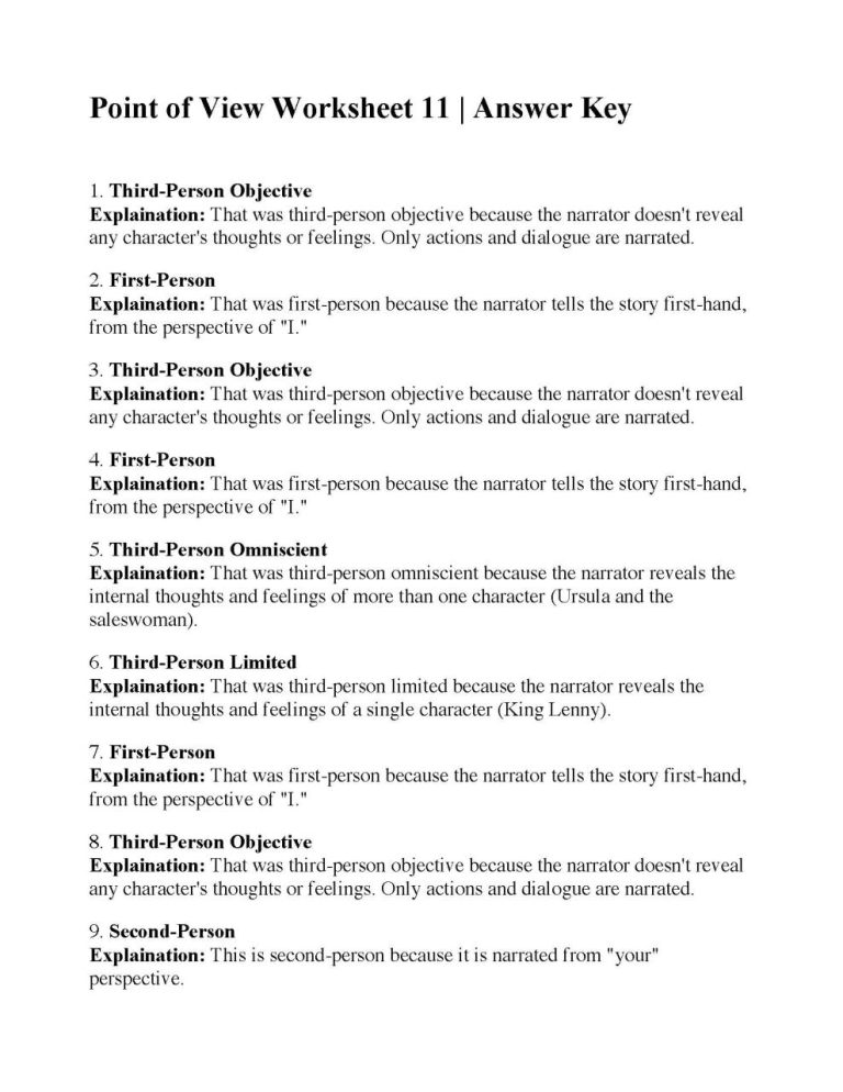Point Of View Worksheet 15 Answer Key