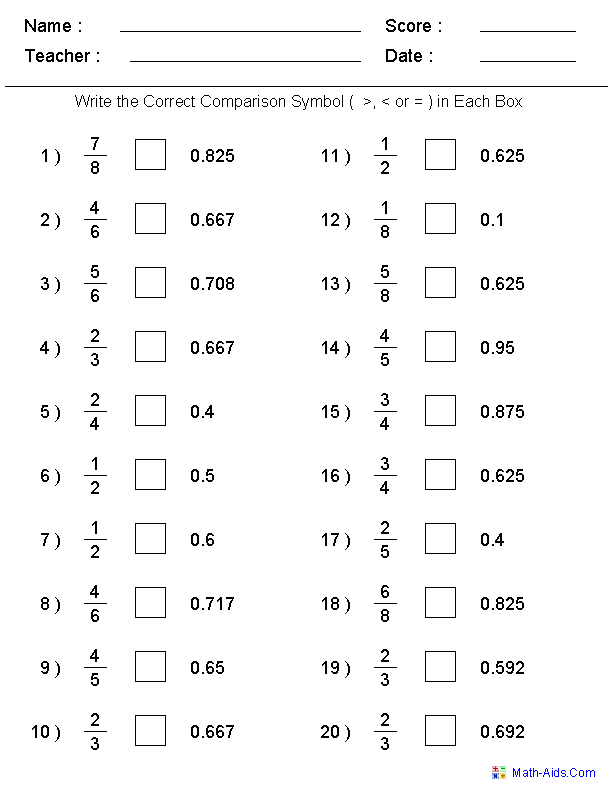 Comparing Fractions & Decimals Worksheets Decimals worksheets