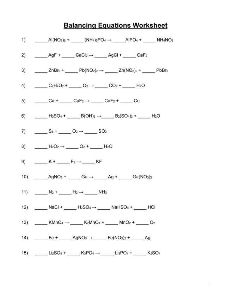 Chemistry Balancing Chemical Equations Worksheet Answers