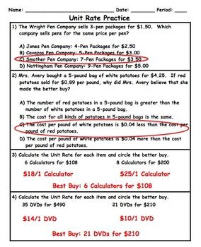 Unit Rate Problems 7th Grade Worksheets