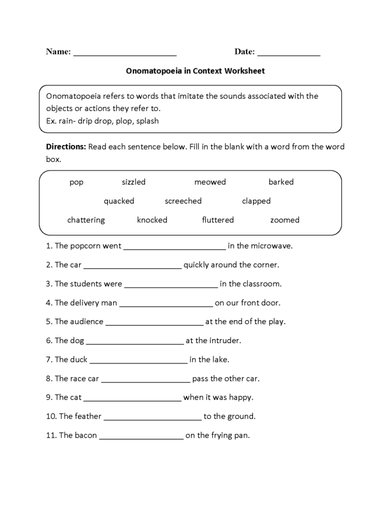 5th Grade Onomatopoeia Worksheets Grade 5