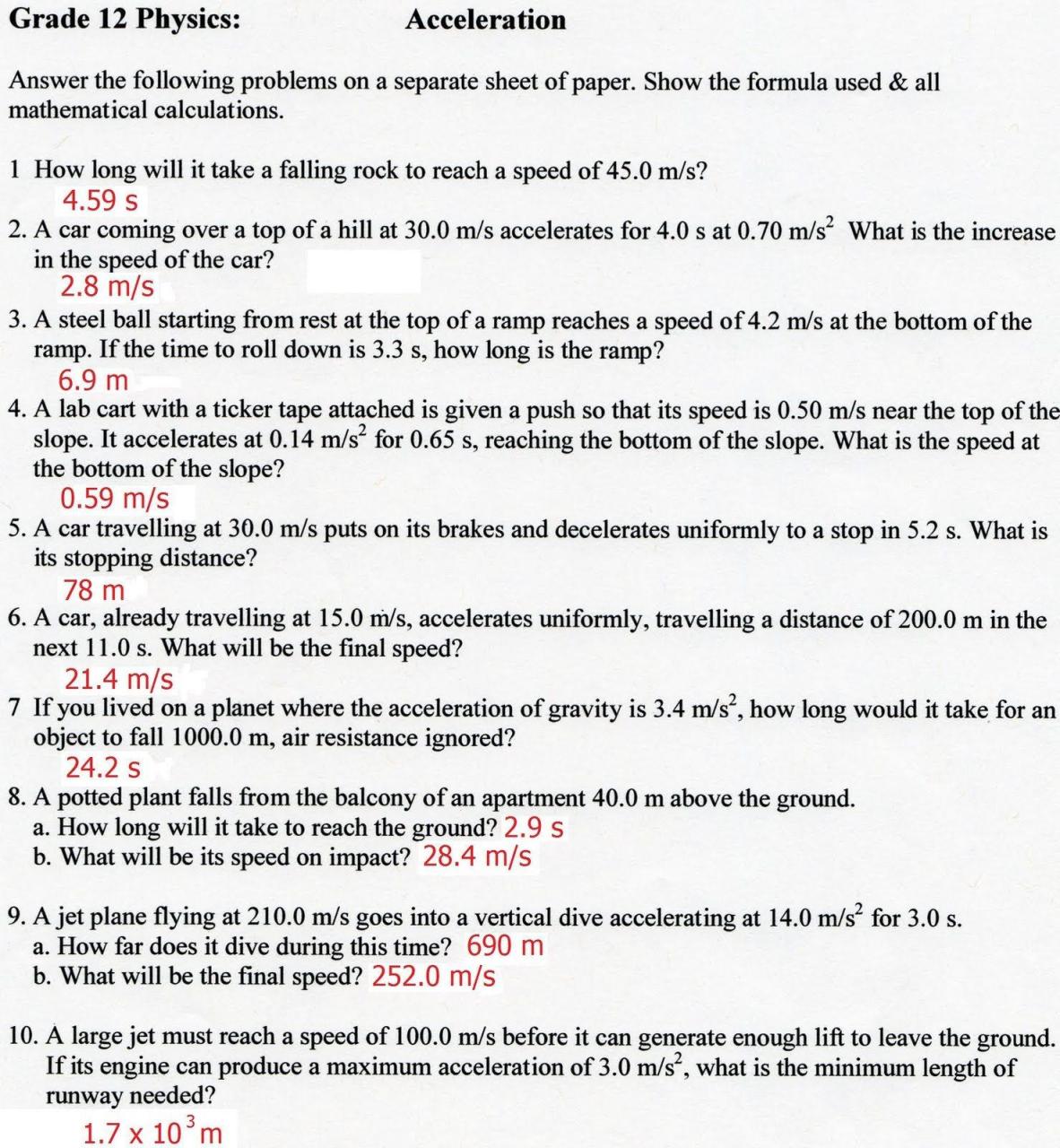 Speed And Acceleration Worksheet Answer Key