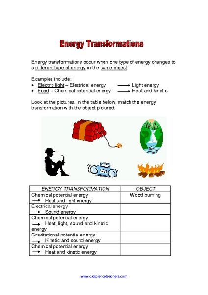 Energy Transformations Worksheet Answers