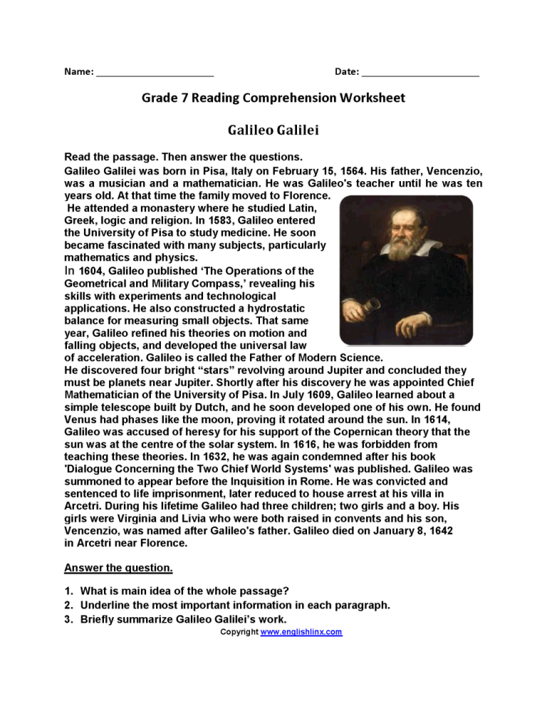 7th Grade 8th Grade Reading Comprehension Worksheets With Answers