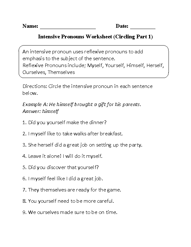 Grade 7 6th Grade Reflexive Pronouns Worksheets