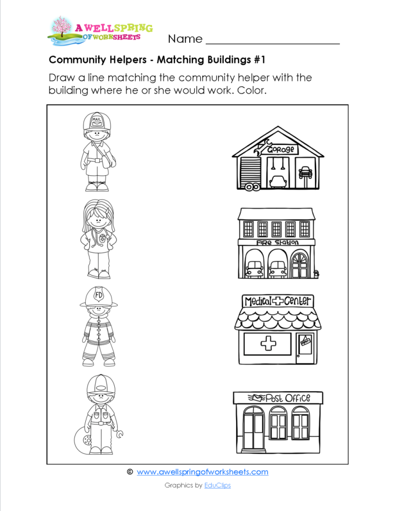 Matching Community Helpers Worksheets For Kindergarten Pdf