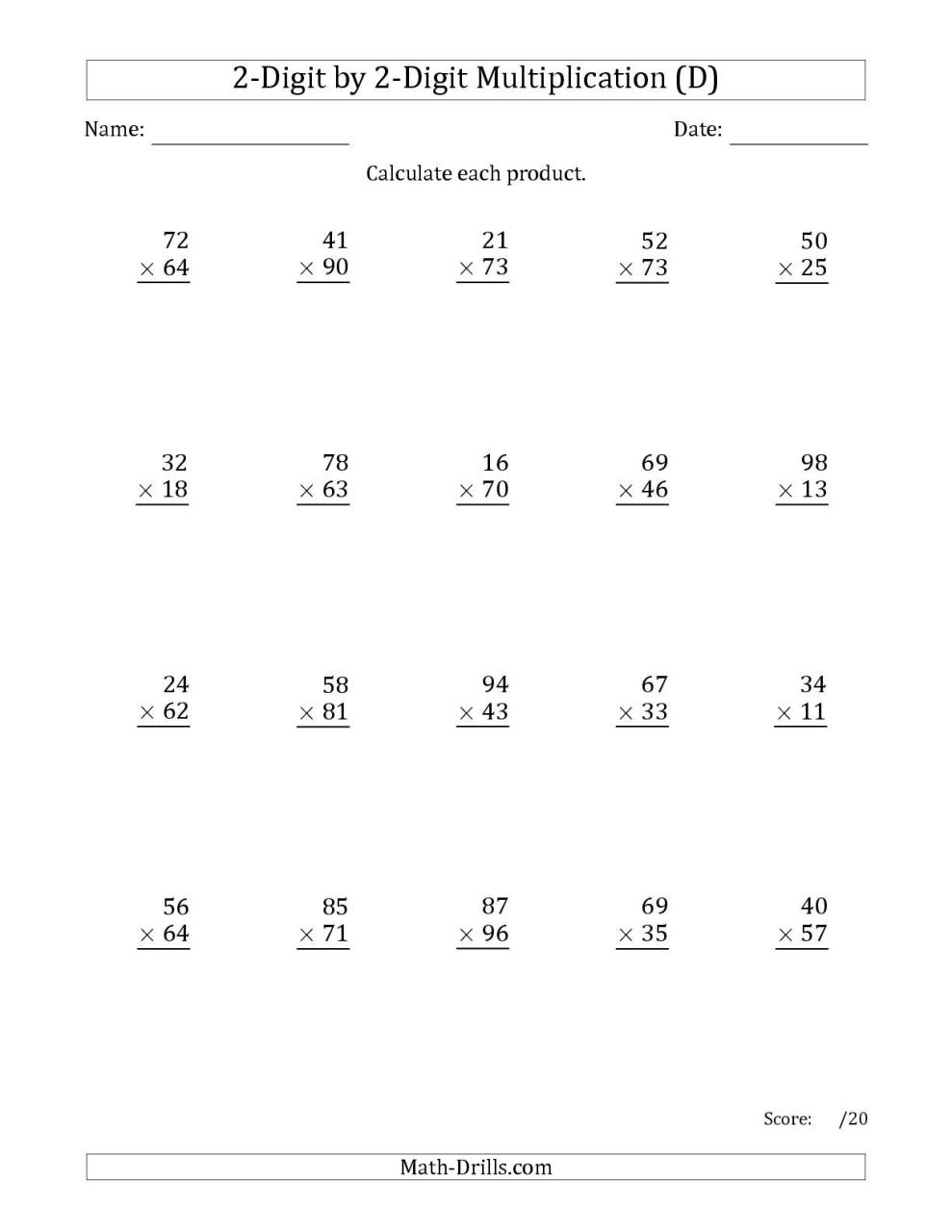 5th Grade Free Double Digit Multiplication Worksheets