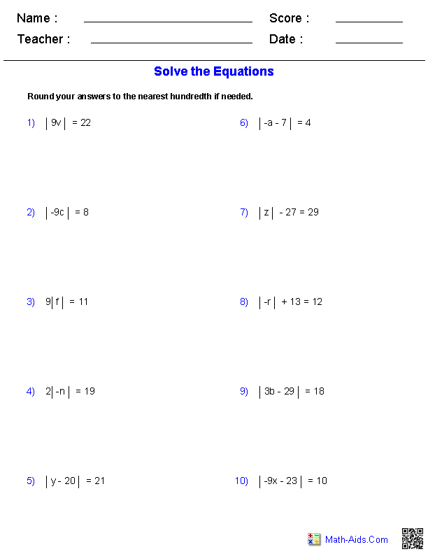Absolute Value Equations Worksheets With Answer Key Pdf